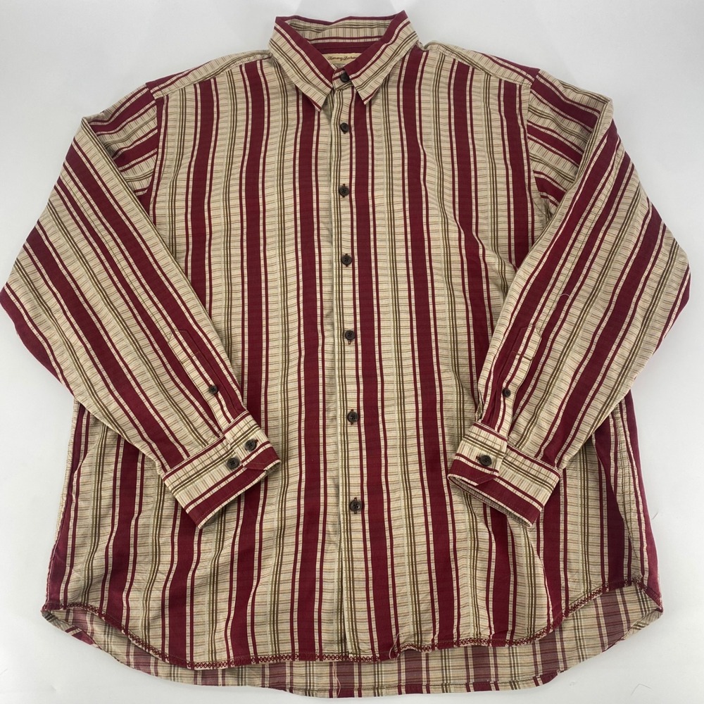 Tommy Bahama Mens XL Long Sleeve Button Down Shirt‎ Striped Burgundy Tan Gold